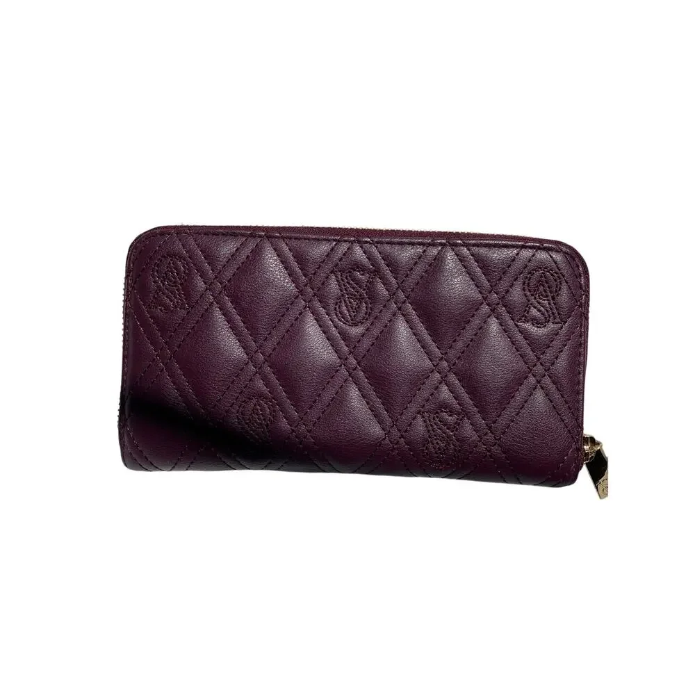 Victoria’s Secret Burgundy Quilted Zip Around Wallet Gold Tone Logo
